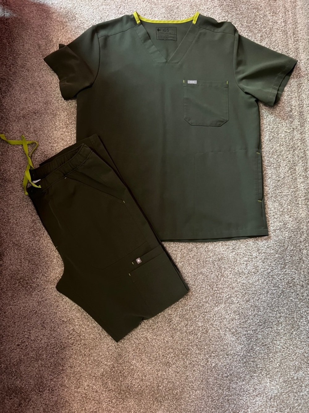 Figs Men’s Olive Green  Scrub Uniform with Lime Accents